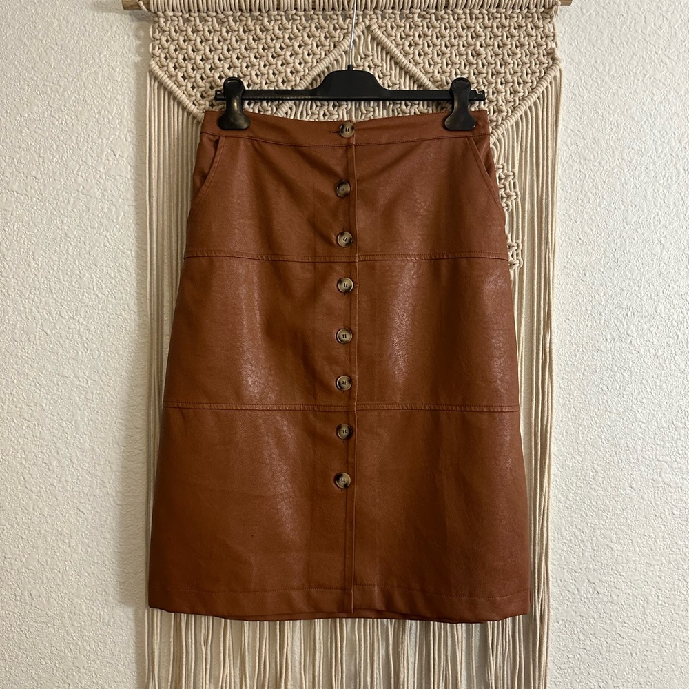 Brown Leather Midi Skirt